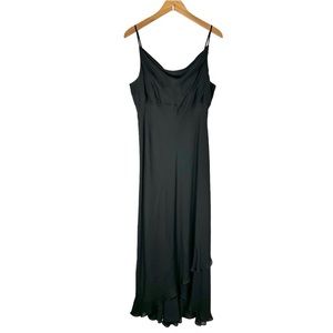 Vintage Y2K Silk Maxi Slip Dress Size 12 Bias Cut Ruffle Hem Black Ann Taylor